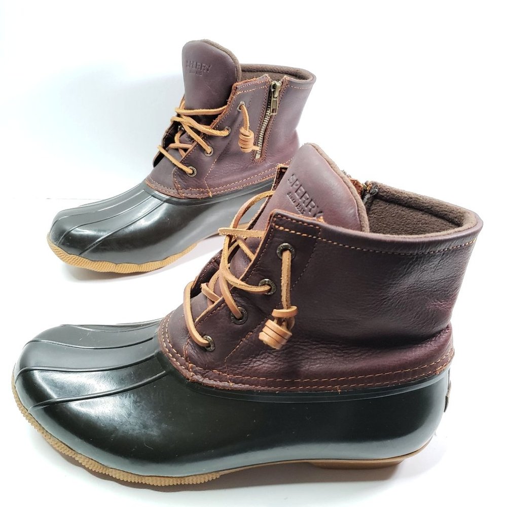 Sperry Fleece Lined Midcalf Duck Boots Size 10 Brown Lace Up Rubber Rain Boot